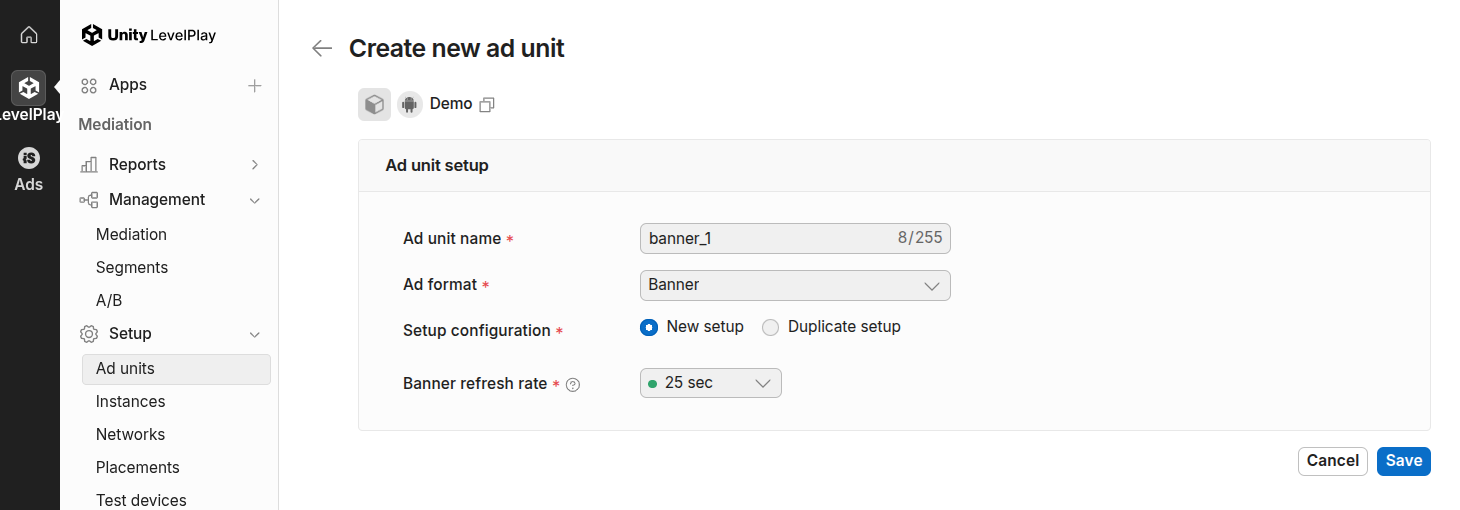 Create new ad unit
